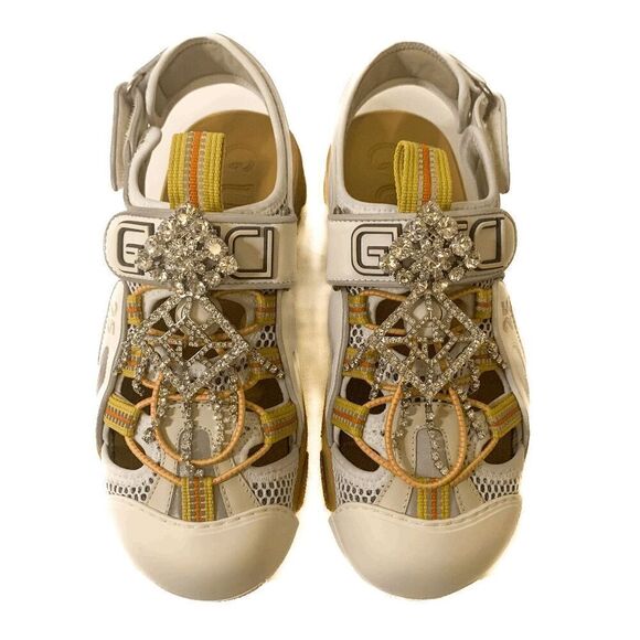 Gucci Fabric Mesh Tinsel Platform Embellished Dad Sandal EU 37 US 7 Velcro Strap - Picture 4 of 12